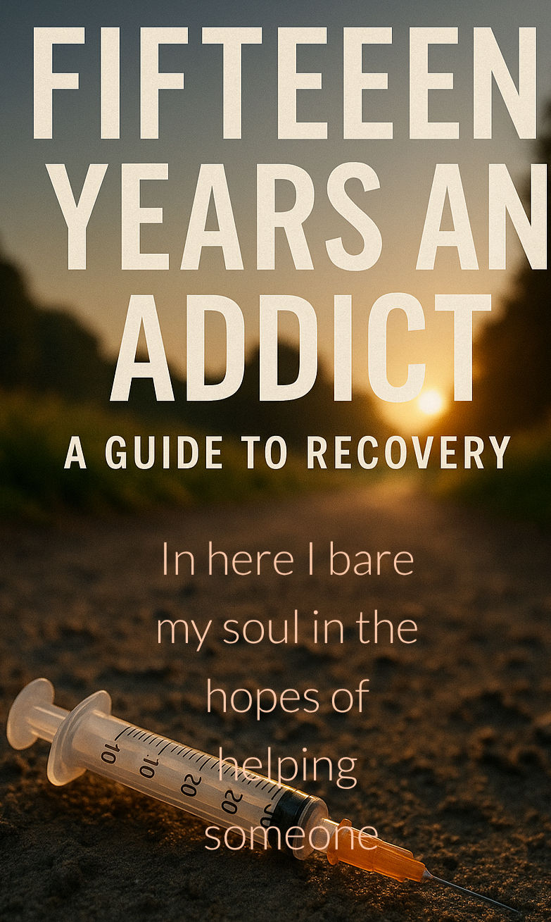 Syringe on a dirt path at sunset with text: "Fifteen Years an Addict: A Guide to Recovery. In here I bare my soul in the hopes of helping someone."