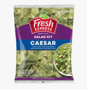 Fresh Express Caesar salad kit package with lettuce image. Purple label with red logo, green background. 