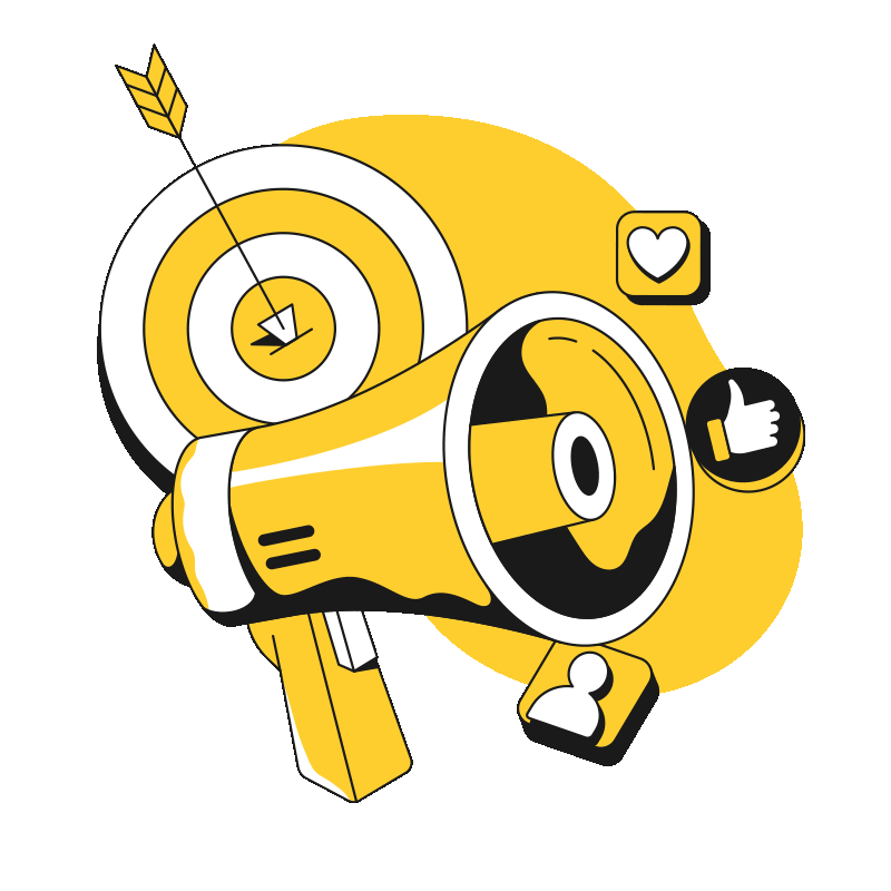 megafone com target ao fundo e redes sociais em volta mostrando o movimento necessário nas plataformas com o publico ideal