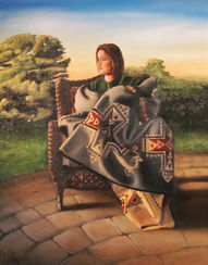 Oil painting of the artist's daughter Kohleen in at sunset wrapped in a wool blanket. 