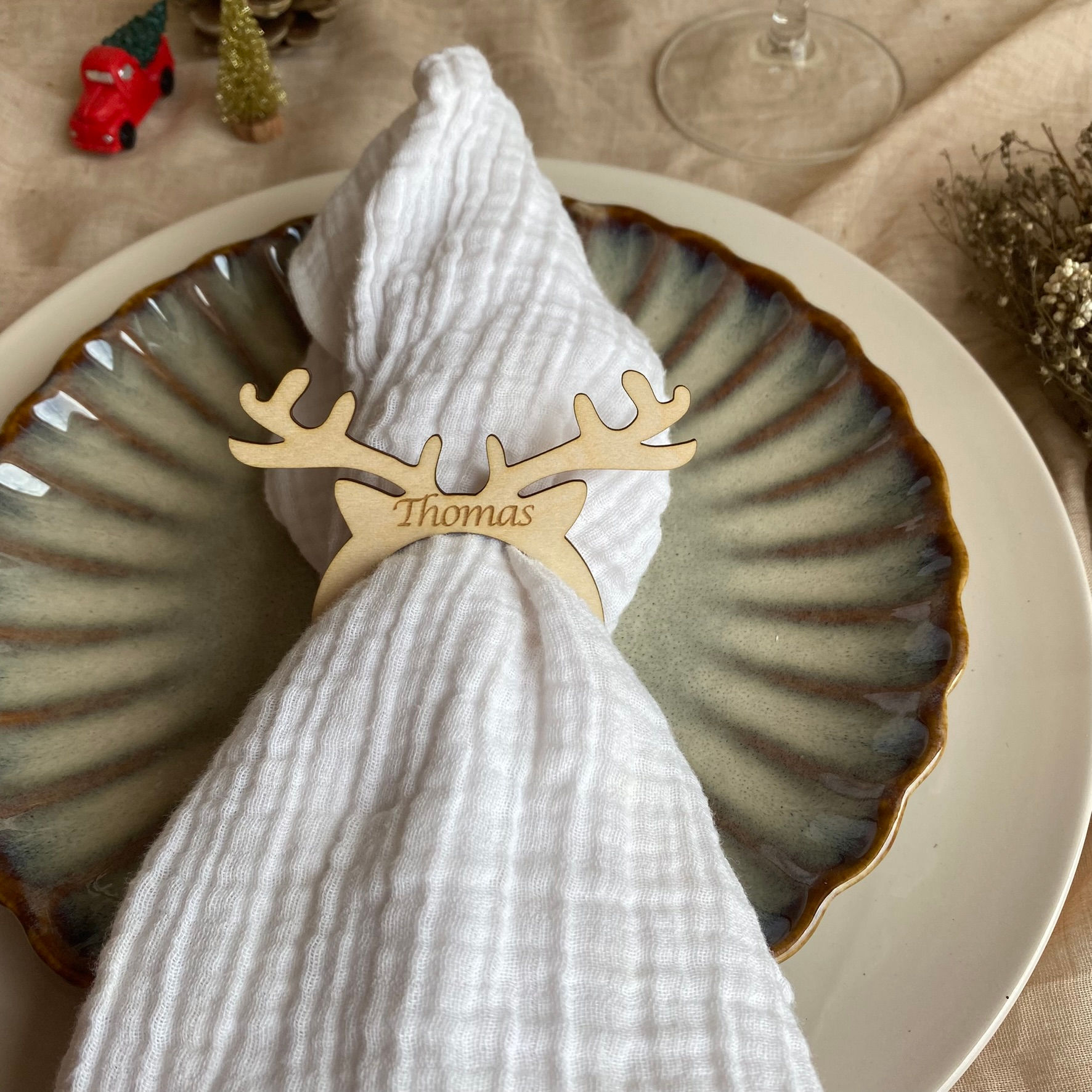 Rond de serviette de Noël - Cerf en bois marque place