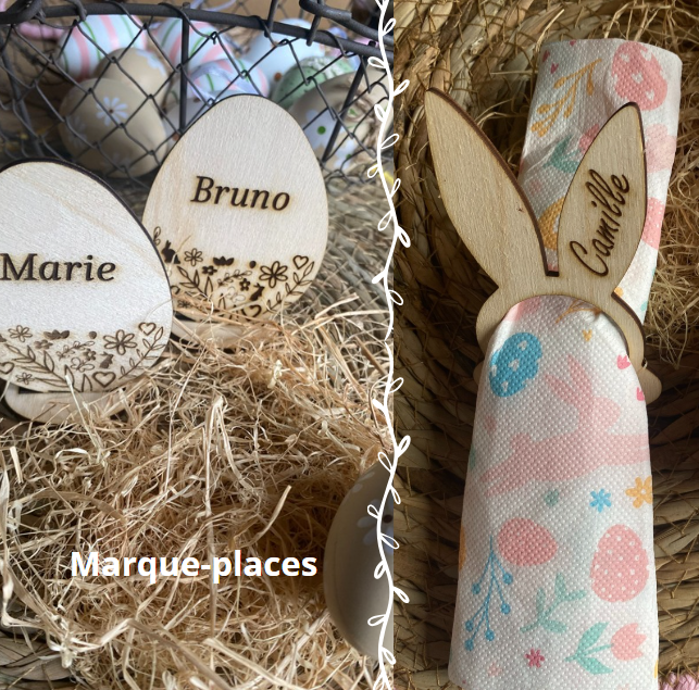 Marque place Pâques Oeuf et lapin en bois