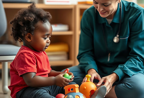 black kid is being treated by a professional ABA therapist at the clinic playing with toys