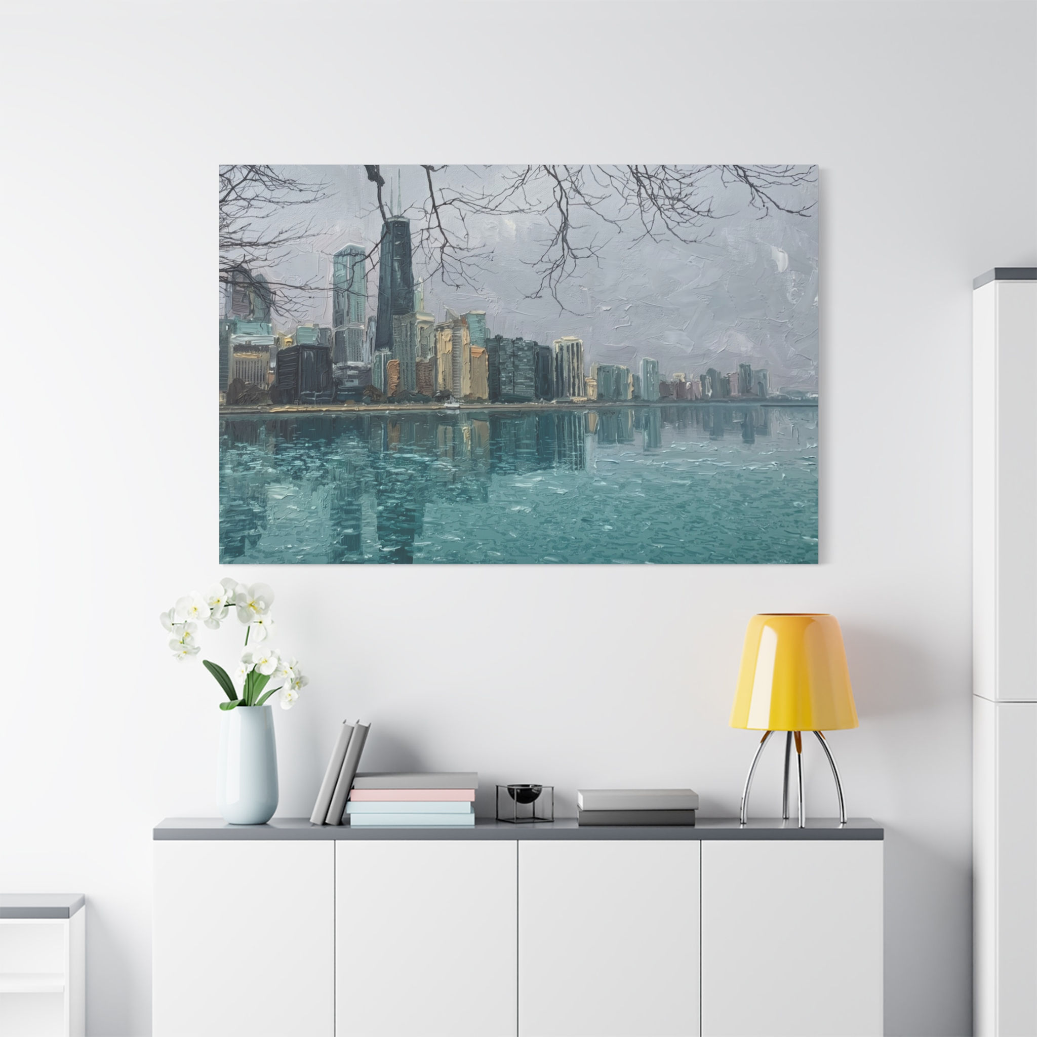 Chicago Winter Skyline Matte Canvas Print — Ice-Flecked Lakefront Wall Art