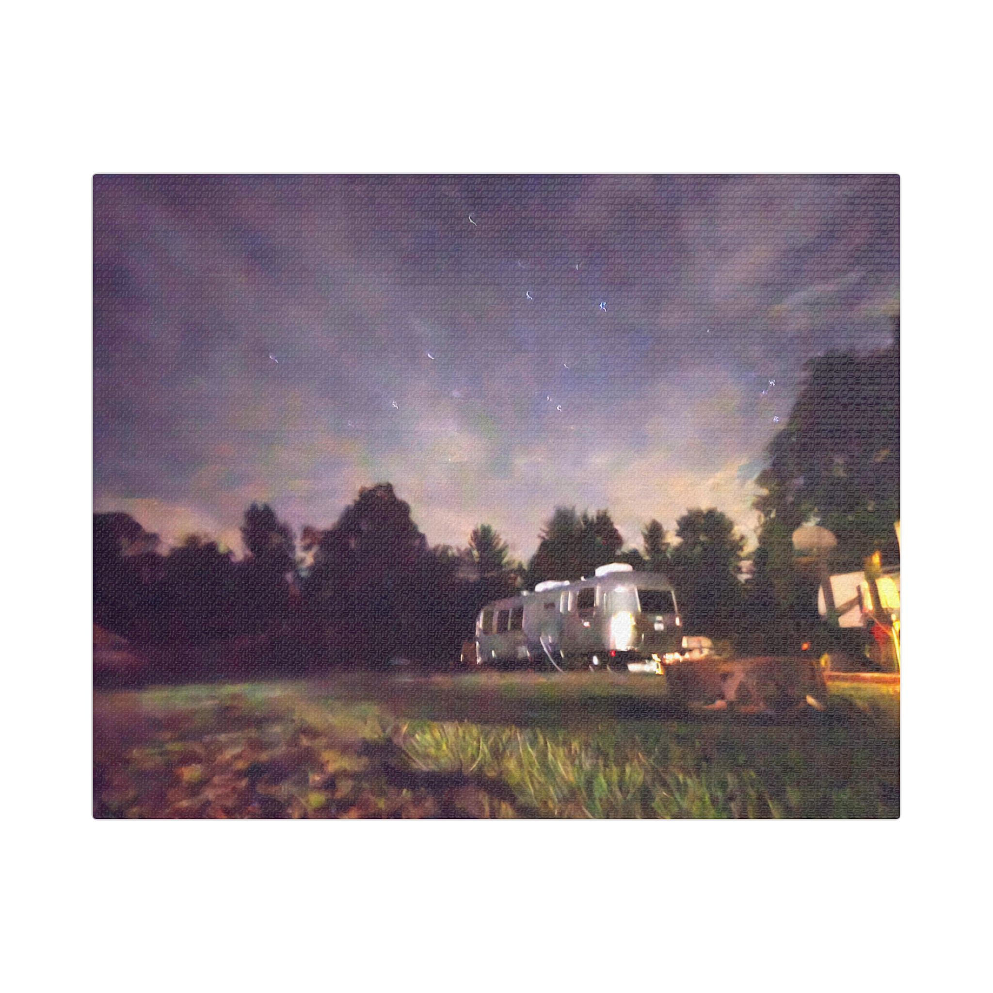 Airstream Under the Stars Satin Canvas Print — Night Sky RV Wall Art