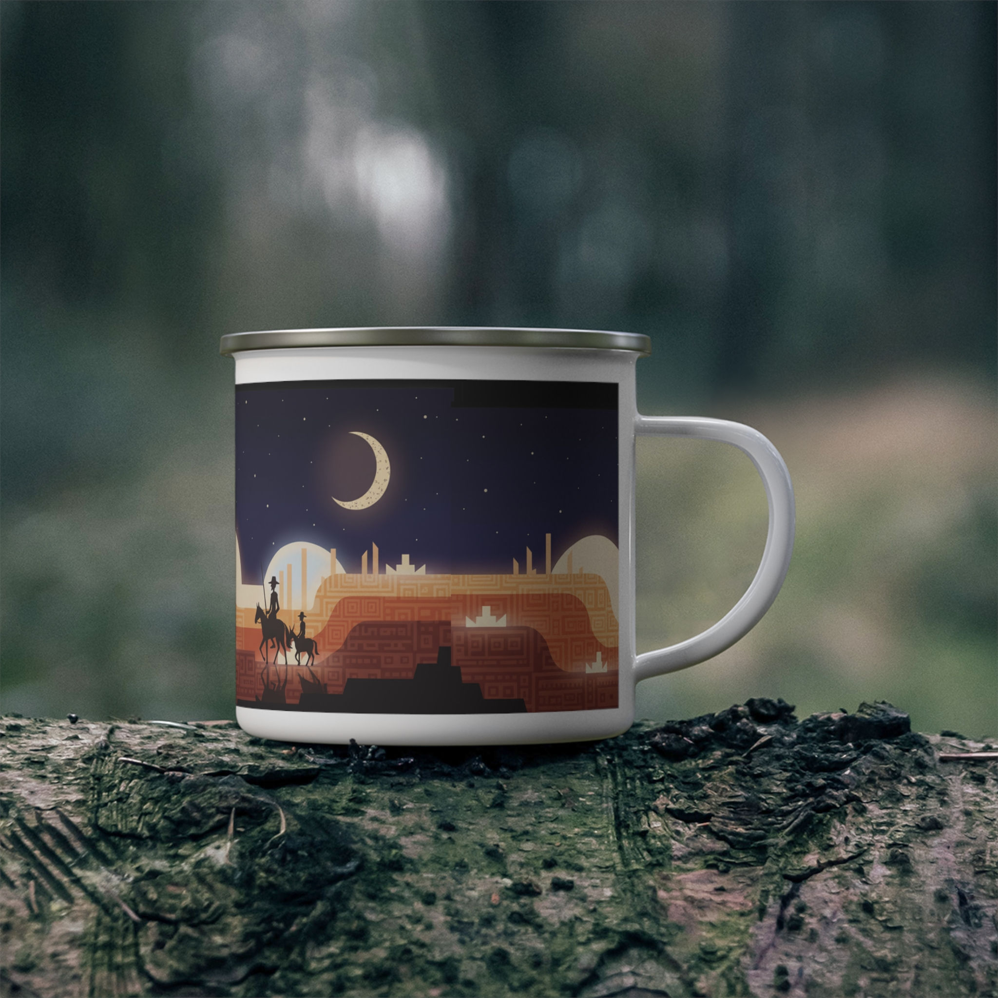 Enamel Camping Mug — Desert Nightscape with Cowboys & Crescent Moon