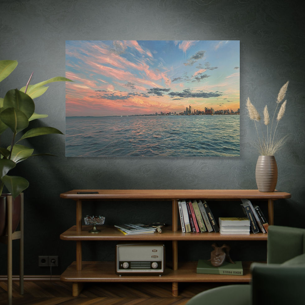 Thumbnail: Sunset Over Chicago Skyline Matte Canvas Print — Coastal Lake Michigan Wall Art