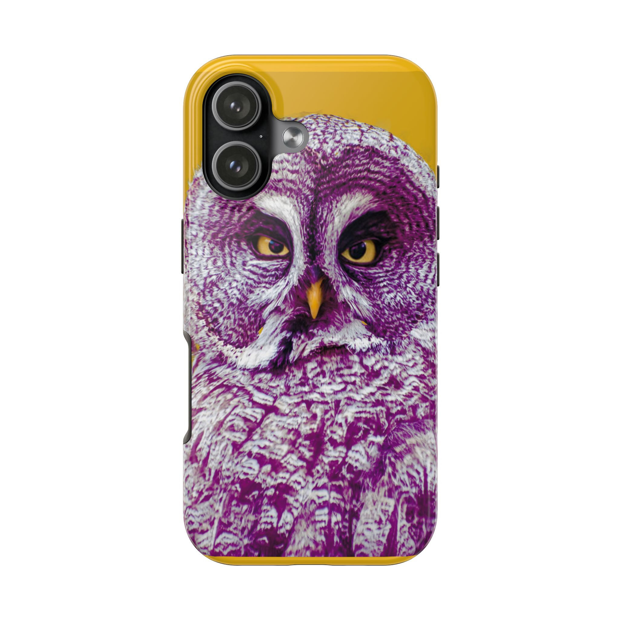 Owl Portrait Tough Phone Case — Bold Purple Owl on Yellow Protective Cover