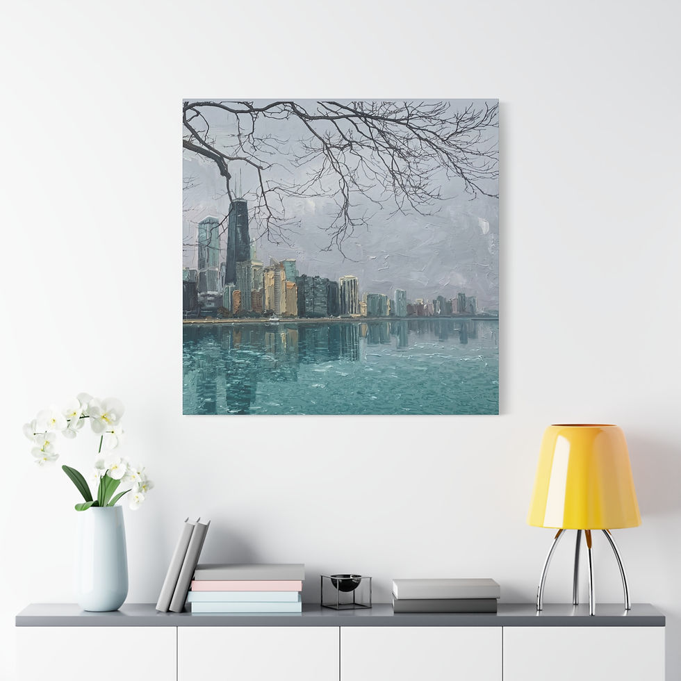 Thumbnail: Chicago Winter Skyline Matte Canvas Print — Ice-Flecked Lakefront Wall Art