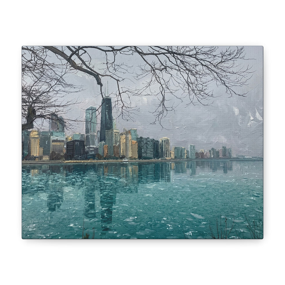 Thumbnail: Chicago Winter Skyline Matte Canvas Print — Ice-Flecked Lakefront Wall Art