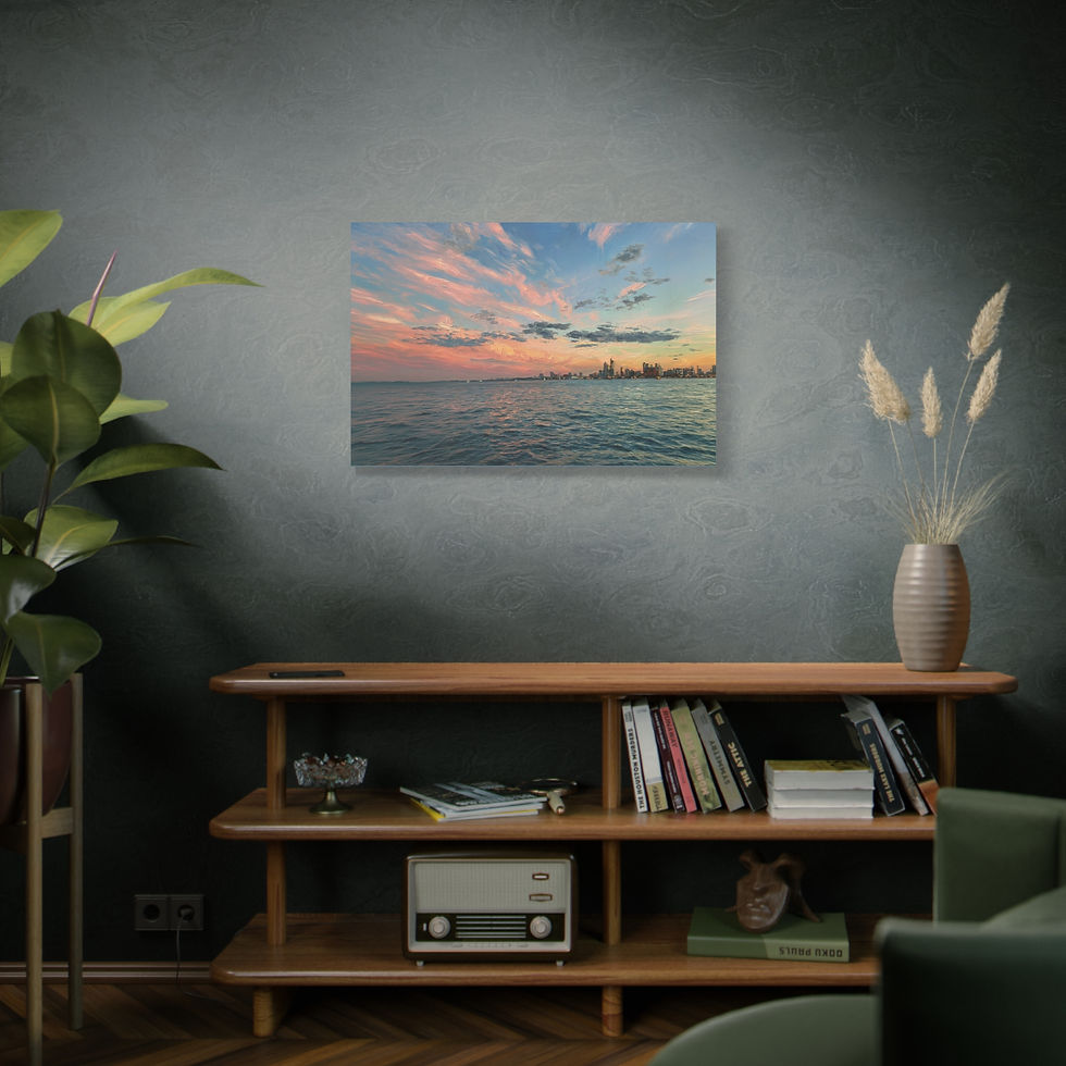 Thumbnail: Sunset Over Chicago Skyline Matte Canvas Print — Coastal Lake Michigan Wall Art