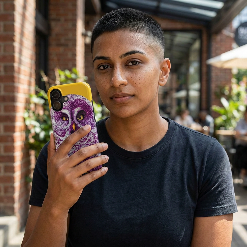 Thumbnail: Owl Portrait Tough Phone Case — Bold Purple Owl on Yellow Protective Cover