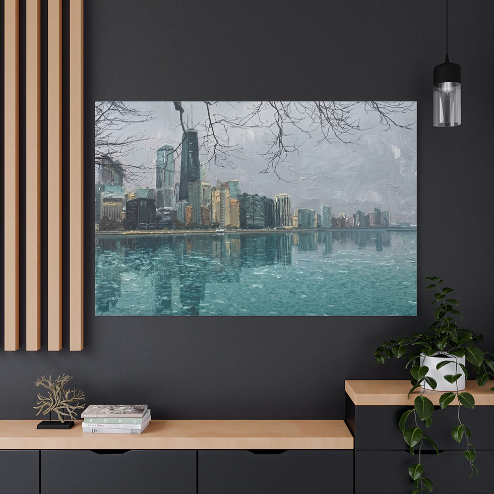 Thumbnail: Chicago Winter Skyline Matte Canvas Print — Ice-Flecked Lakefront Wall Art