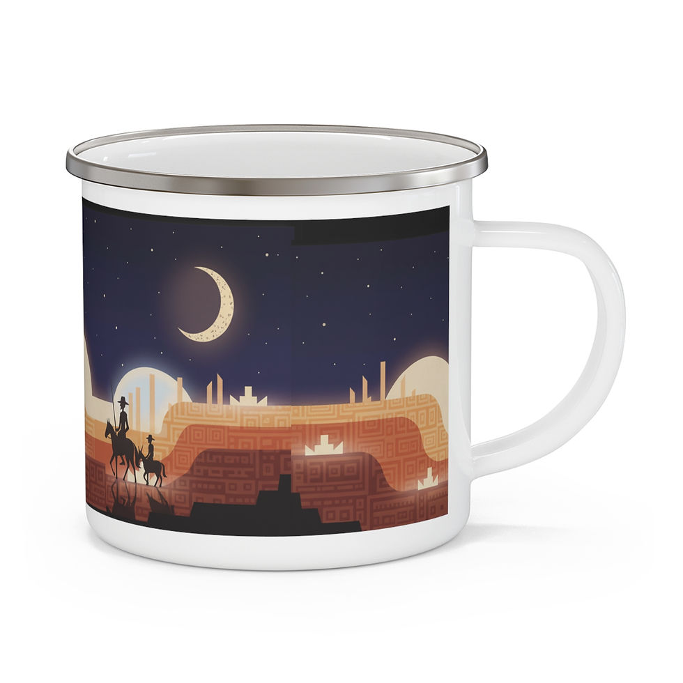 Thumbnail: Enamel Camping Mug — Desert Nightscape with Cowboys & Crescent Moon