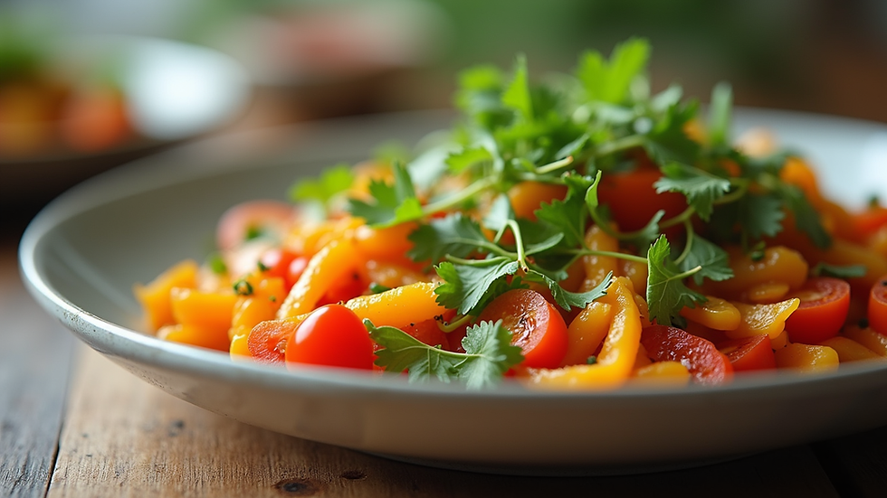 Close-up view of a healthy meal with colorful vegetables