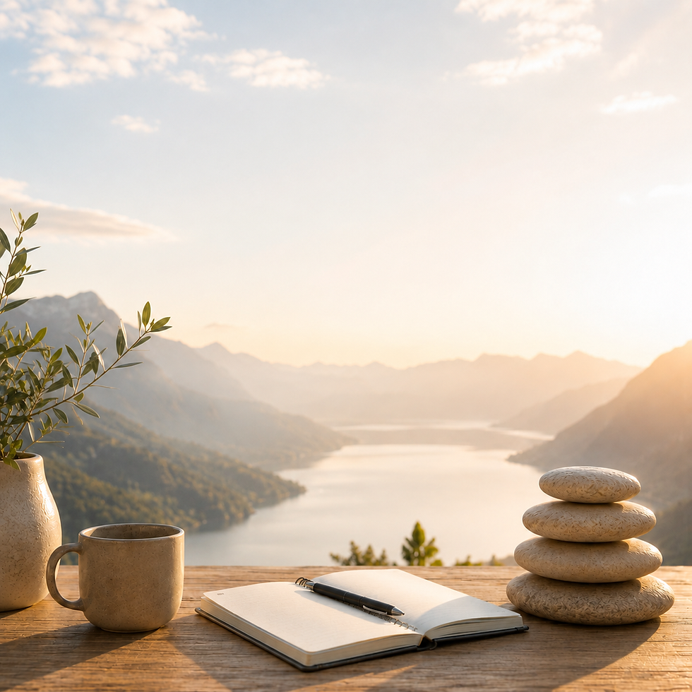 Ein offenes Notizbuch, eine Tasse und ausbalancierte Steine liegen vor einer ruhigen Berg- und Seenlandschaft im Morgenlicht. Das Bild symbolisiert die Suche nach Sinn, persönlicher Ausrichtung und tragfähigen nächsten Schritten mit IKIGAI.