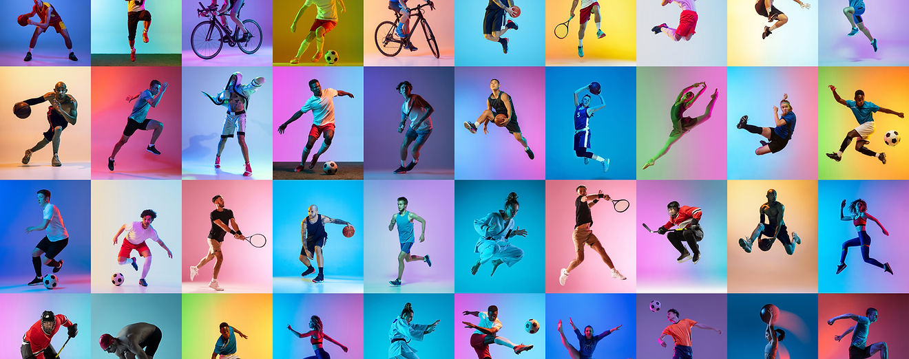 Judo, basketball, football, tennis, cycling, swimming and hockey. Set of images of differe