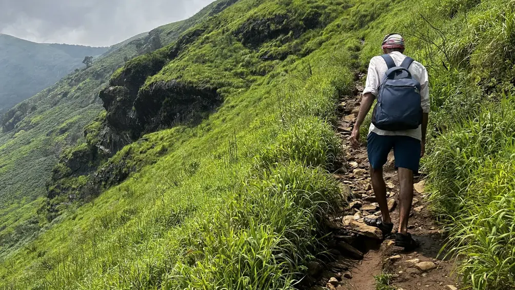 A trekker with a blue backpack walks up a rocky path along a steep green grassy slope, with misty hills in the distance.
