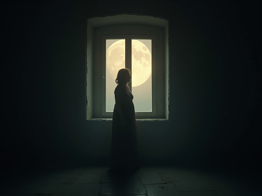 Una figura solitaria se asoma a una ventana antigua, iluminada por una luna llena, sugirie