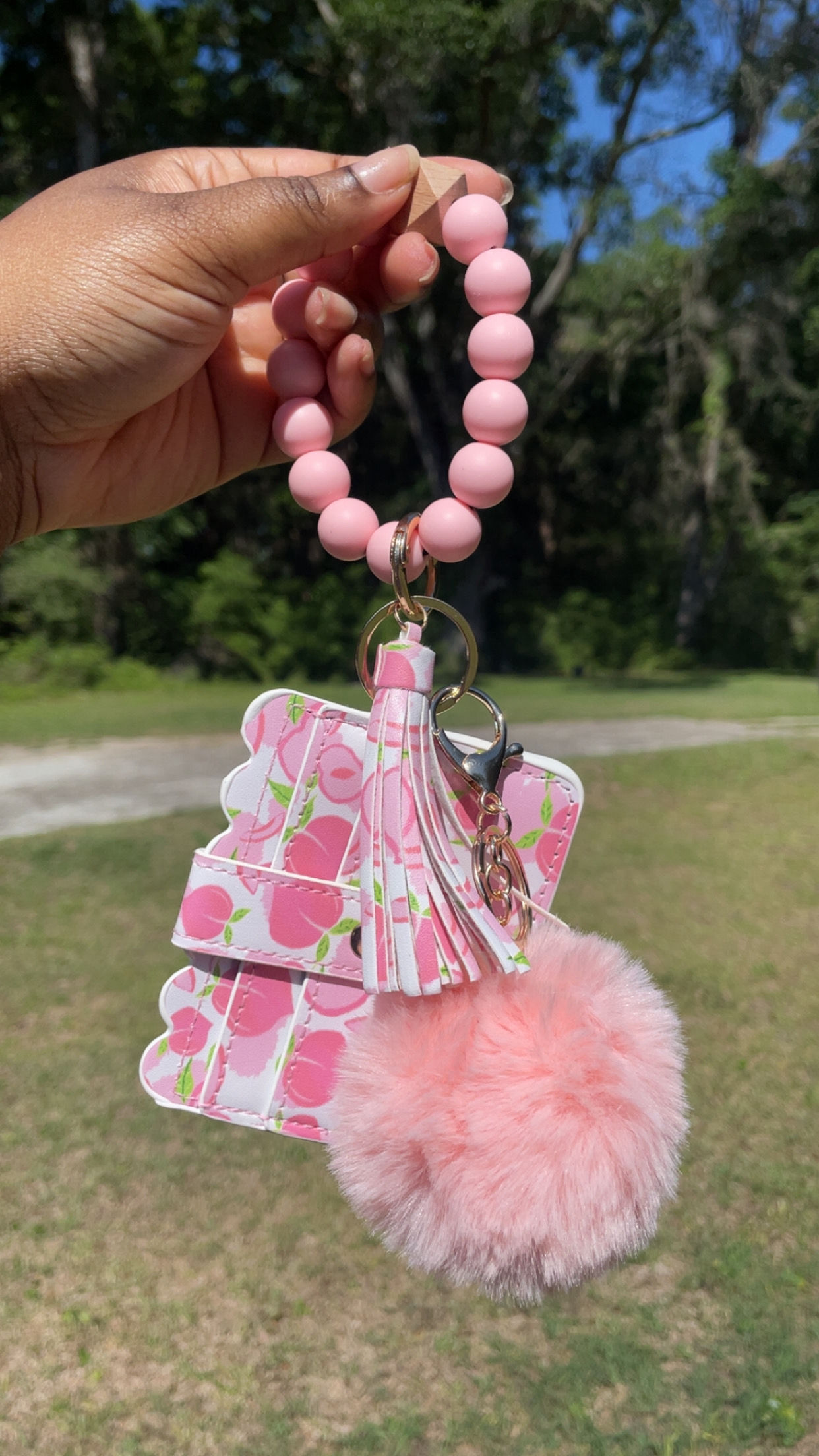Pink Peach Puff Ball Wristlet Wallet