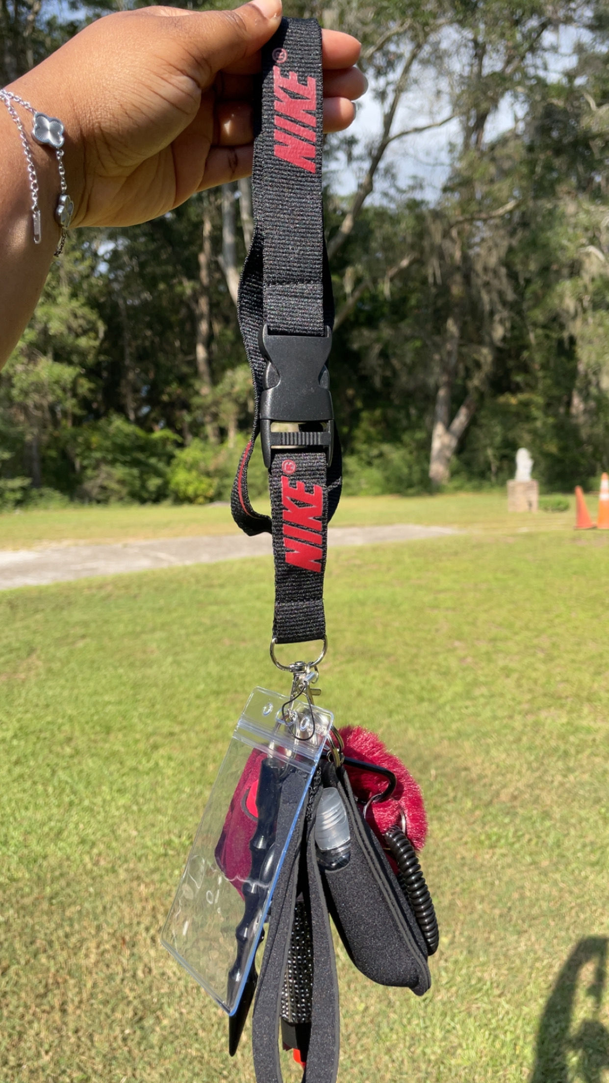 Burgundy and Black Safety Nike Keychain