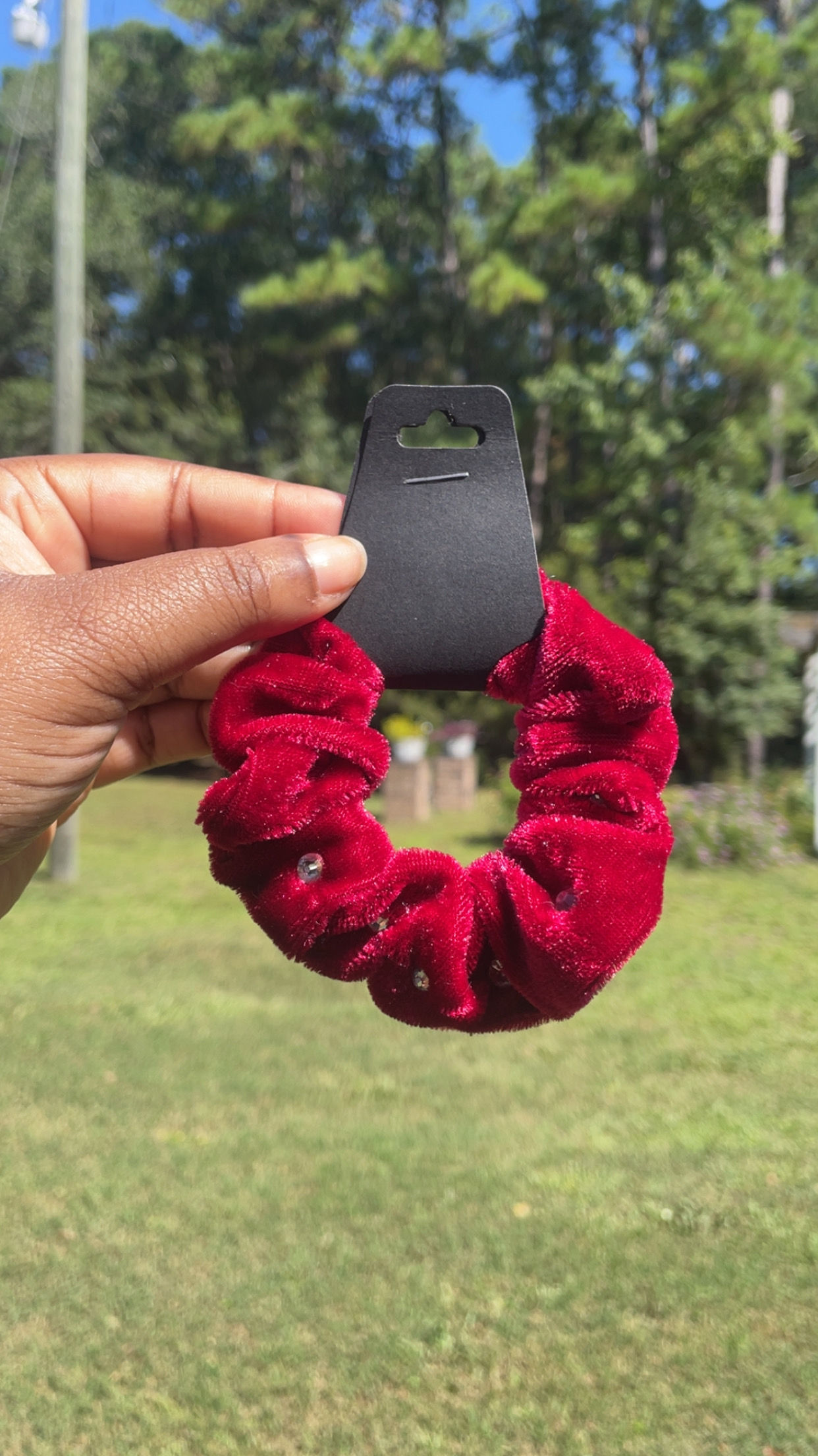 Burgundy rhinestone hair scrunchie 