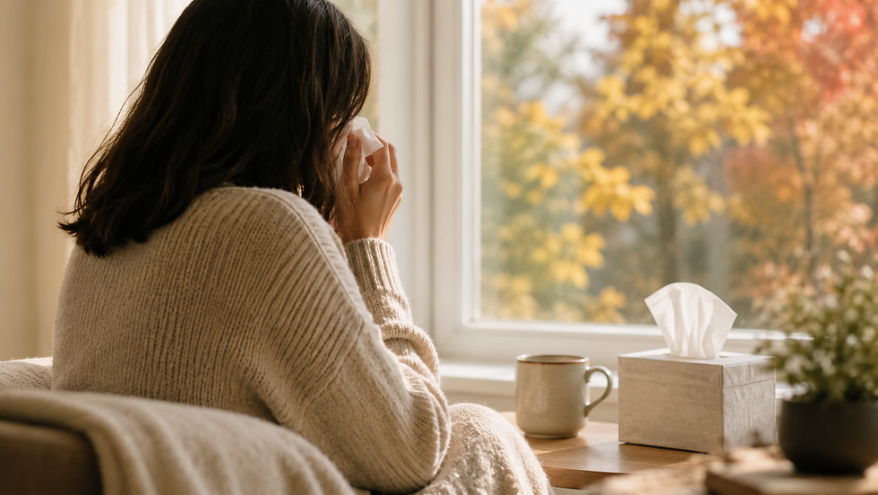 A person near a bright window in early autumn holding a tissue to their nose, seen from the side with face not visible, warm neutral tones, fall allergies scene