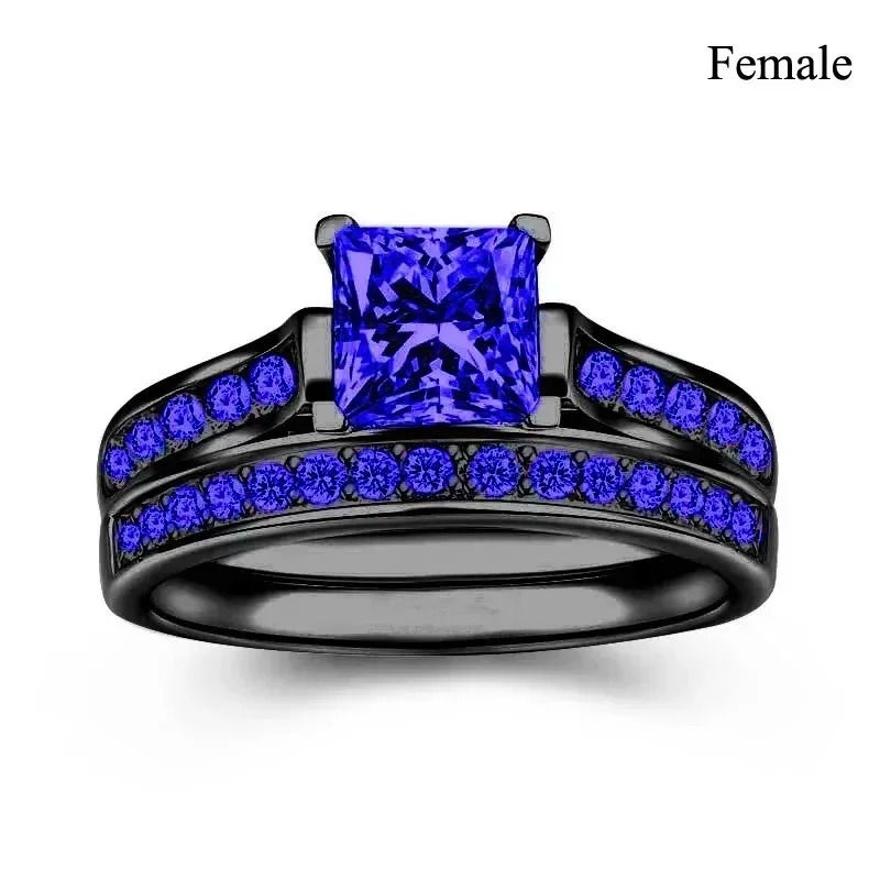 Thumbnail: Charm Couple Rings Romantic Women Red Rhinestones Rings Set Trendy Men Stainless