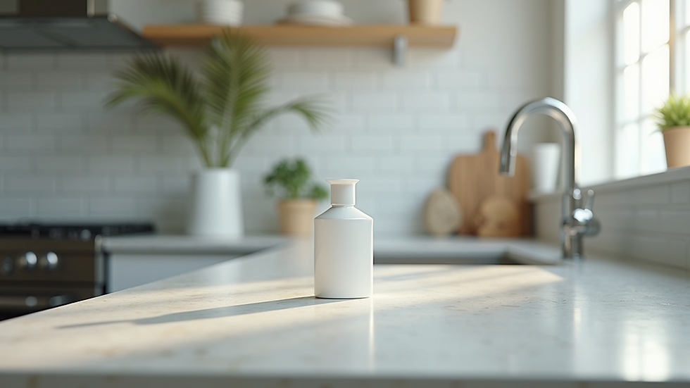 Eye-level view of a disinfected kitchen counter