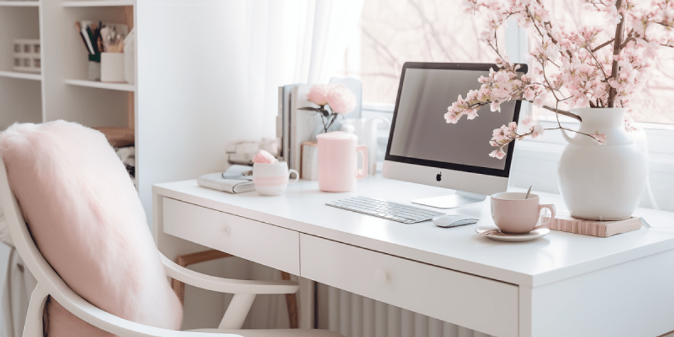 A peaceful sun-drenched clutter-free home office with a cup of tea to create a calm moment