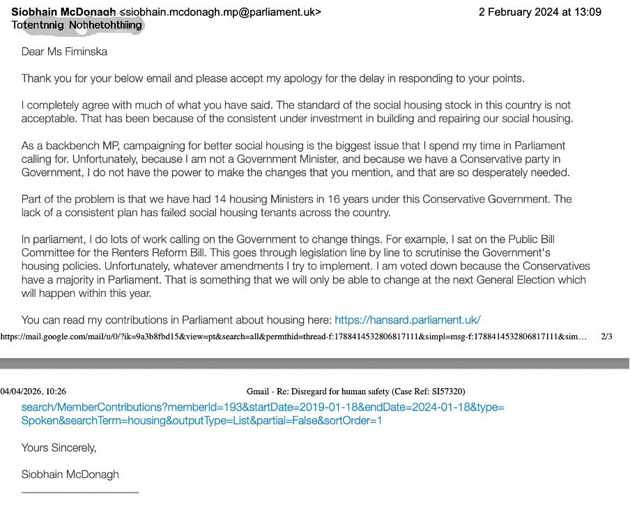 Screenshot of an email from Ms Siobhain McDonagh responding to my calls for a systemic change to housing policy in the United Kingdom, sent before the 2024 election, won by the Labour Party, which she represents.