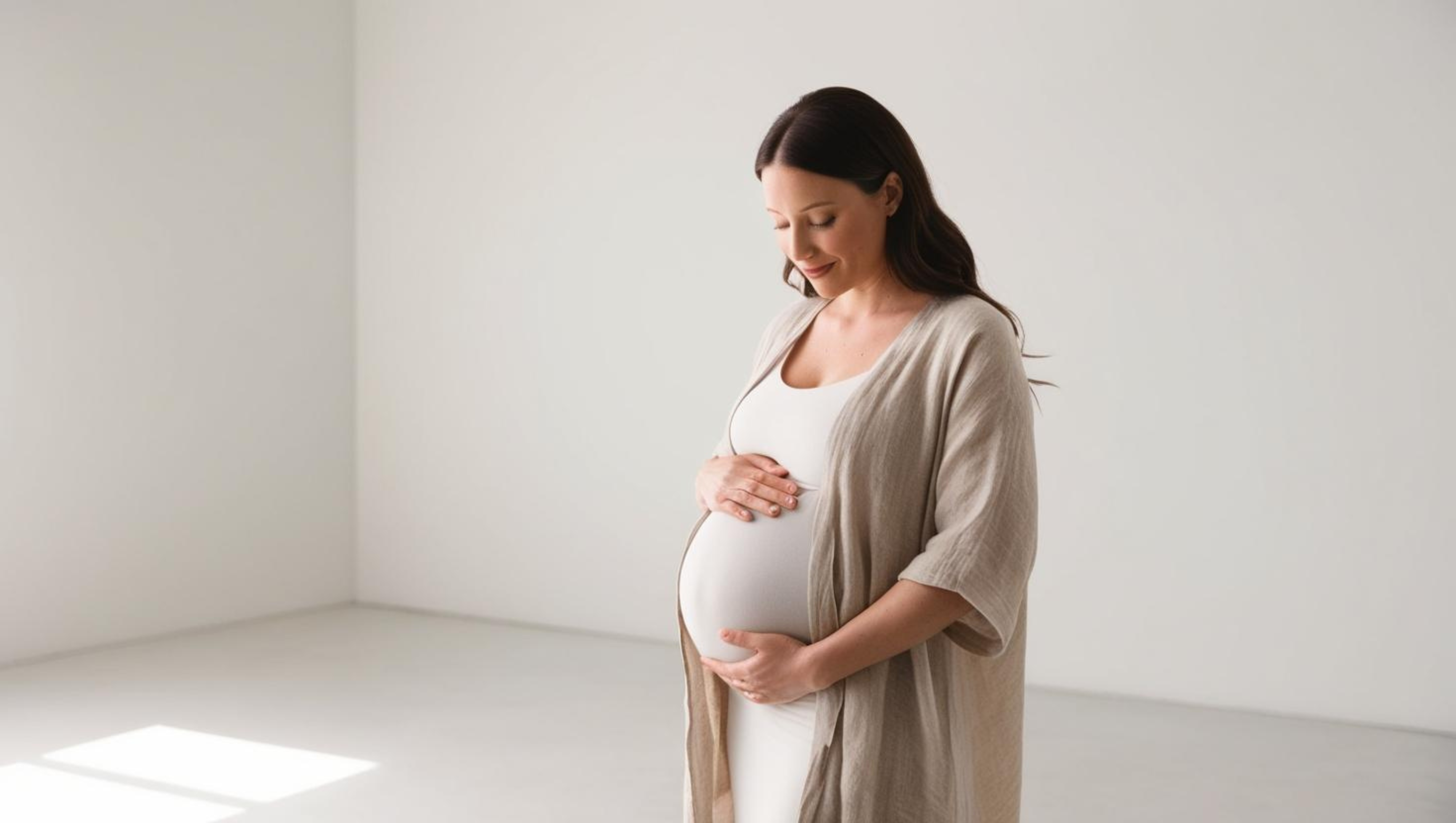 Pregnant woman in soft light holding her belly, representing prenatal wellness and doula care in Los Angeles
