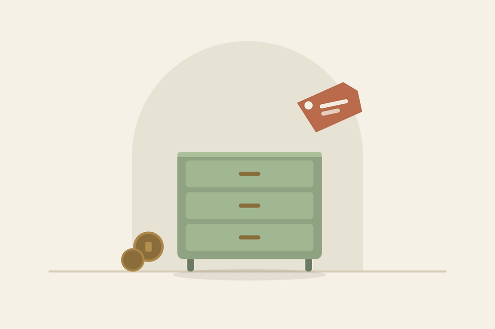 Illustration minimaliste d’une commode verte avec étiquette de prix et deux pièces, sur fond beige.