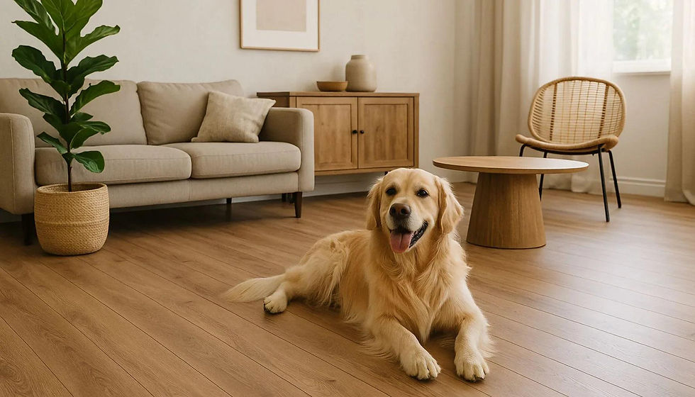 A dog on flooring from Discount Flooring at Liqudation Land.