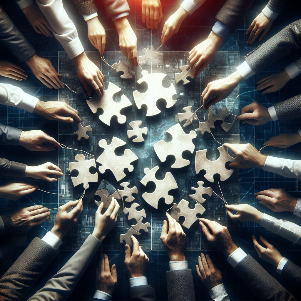 Many hands reach in towards the middle of a table, each holding a puzzle piece showcasing a team effort.