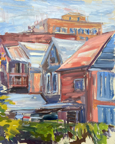 Painting of rooftops in the city.