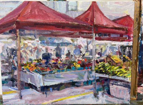Painting of a fruit stand at the farmers market.