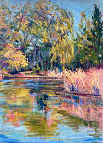 Painting of trees and reflections