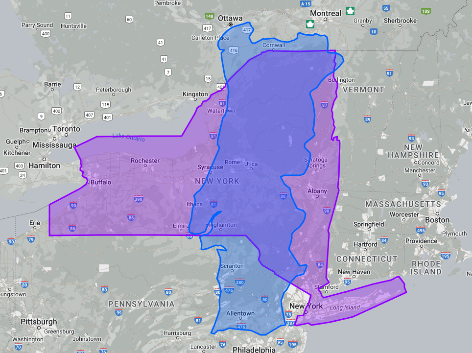 Map overlay of Portugal and New York