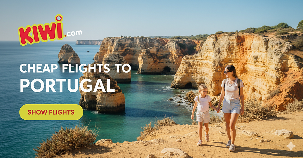 A woman and child walk on a sunny cliffside in Portugal. Text: "Kiwi.com, Cheap flights to Portugal, Show flights." Clear skies, rocky coast.