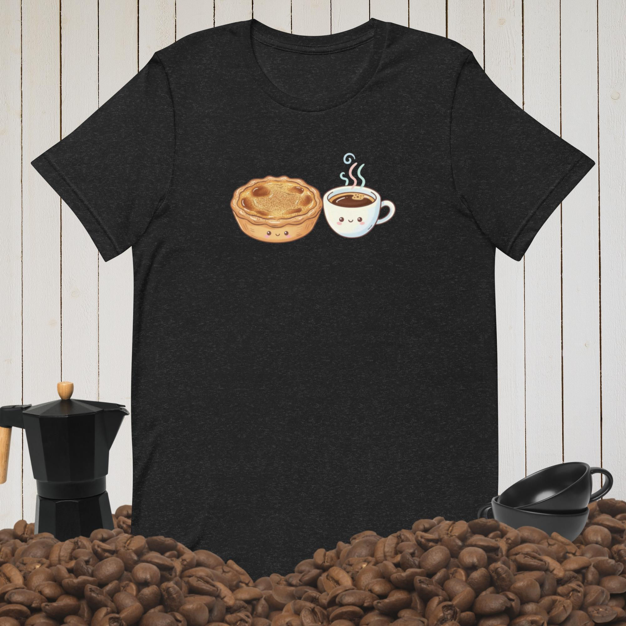 Black shirt with cartoon pastel de nata and espresso with cute faces