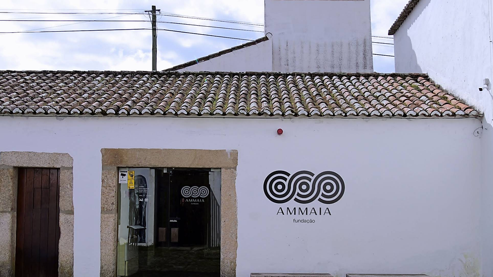 White building with tiled roof, logo reads AMMAIA Fundação. Stone path, glass doors, and cloudy sky in background. Calm atmosphere.
