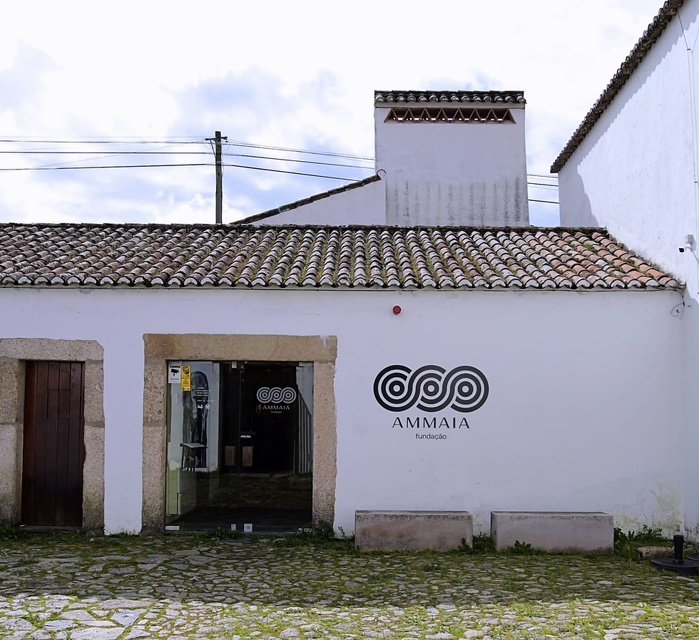 White building with tiled roof, logo reads AMMAIA Fundação. Stone path, glass doors, and cloudy sky in background. Calm atmosphere.