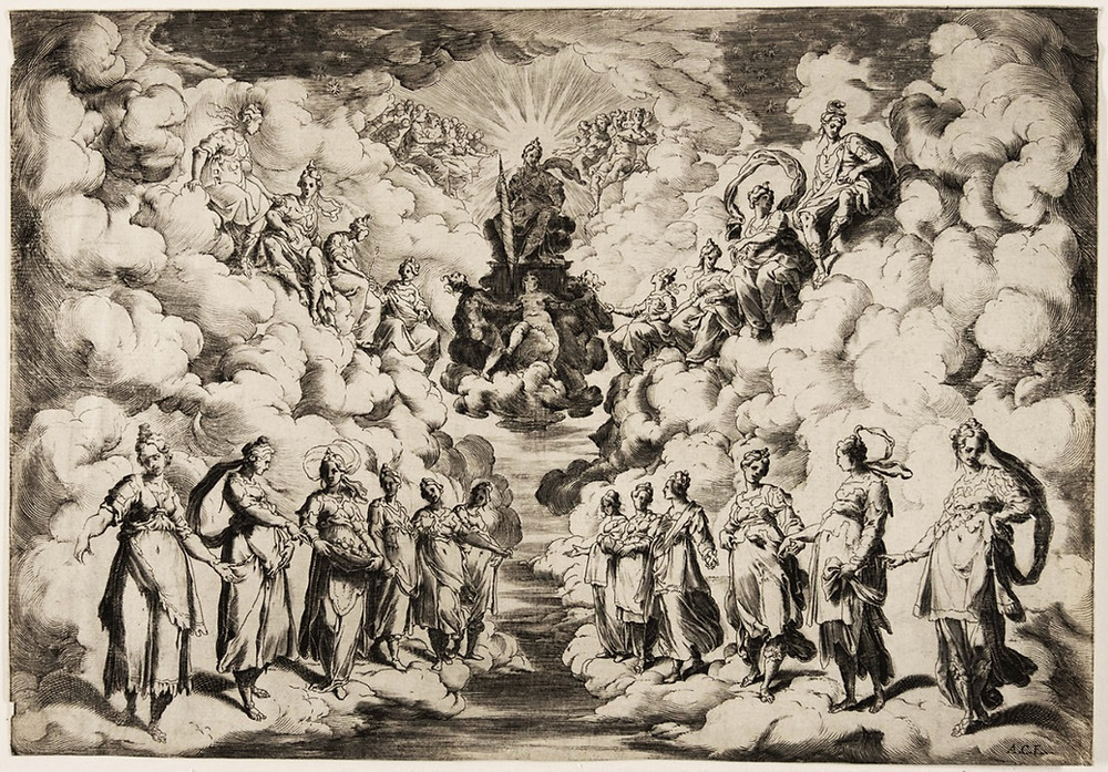 Uma alegoria da música das esferas, gravura de Agostino Carracci a partir de original de Andrea Boscoli. Imagem em tons de cinza.