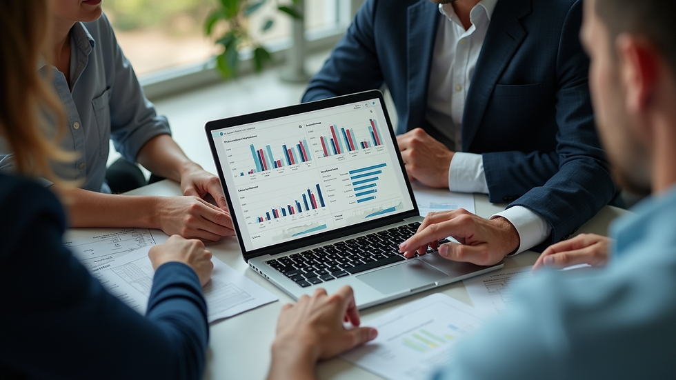 High angle view of a team collaborating around a laptop with technology charts