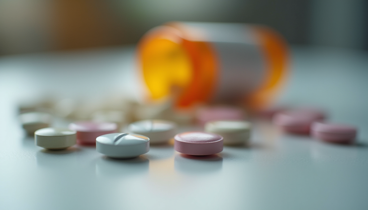 Eye-level view of a prescription bottle and pills on a wooden table