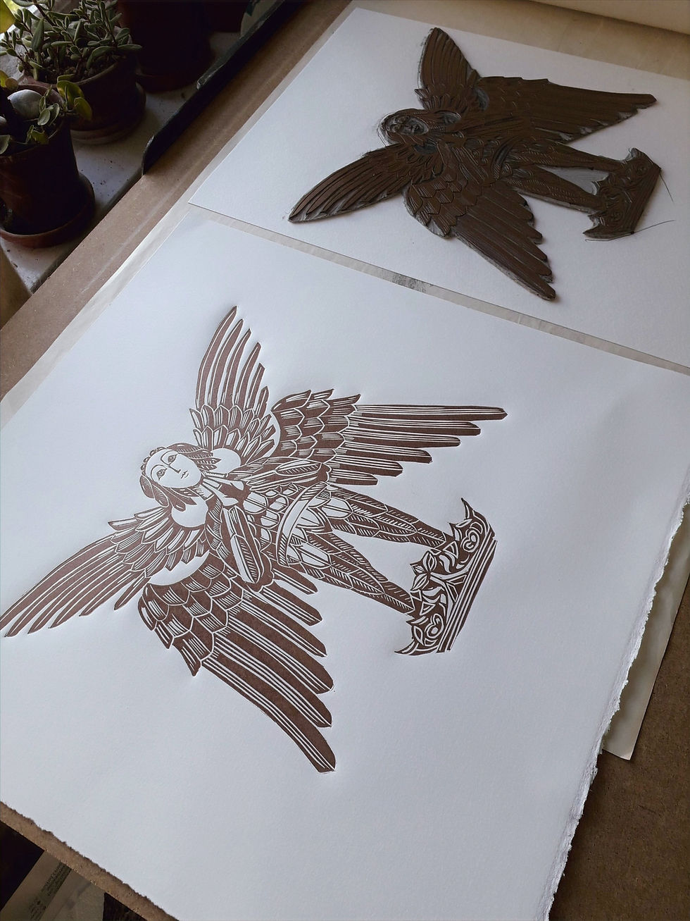 Thumbnail: Printing linoprint roof angel in bronze ink.