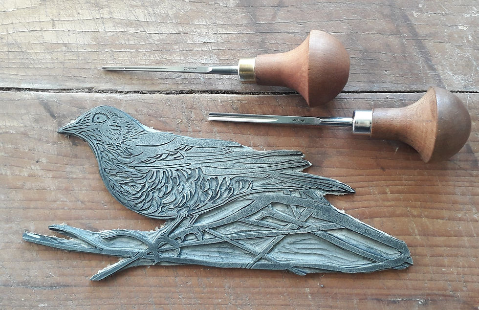 Carved lino for a Thrush print by Deborah Vass
