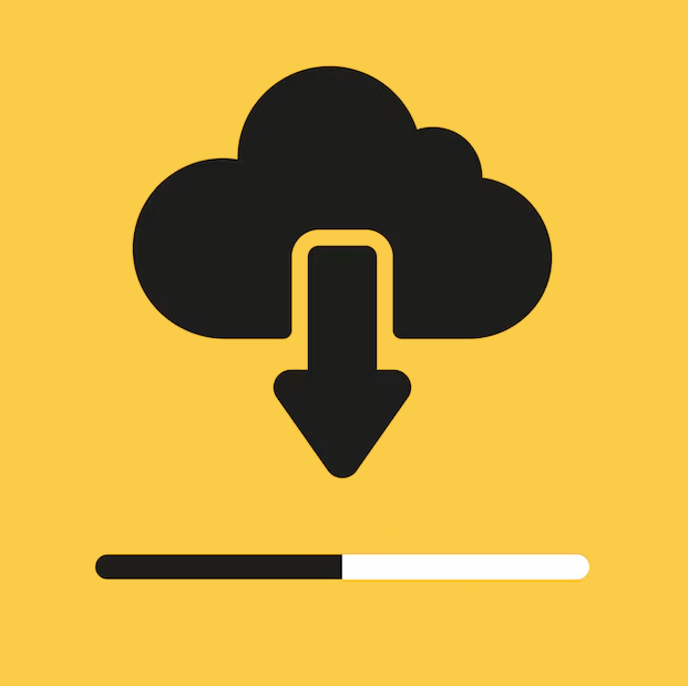Downloading cloud icon with progress bar on yellow background, Panda Solutions