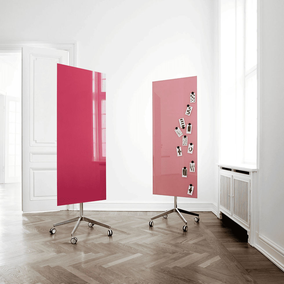 Tableau d’écriture en verre, sur roulettes, à angles droits ou côtés et angles arrondis, Lintex